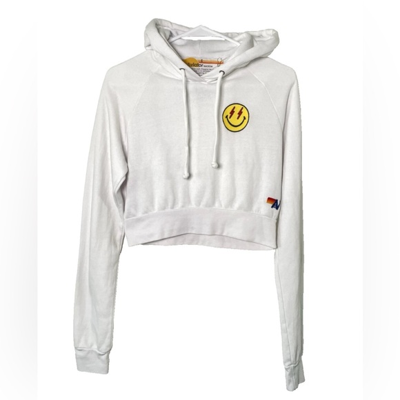 Aviator Nation Smiley Face Lightening Bolt Cropped Hoodie Sweatshirt S White - Picture 4 of 7